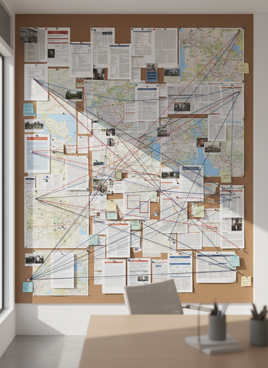 A large wall-sized cork board in a minimalist office, completely covered with printed articles, declassified files, maps of Brazil and foreign cities, and strings connecting key locations, organizations, and dates, all arranged with precise intention. Color-coded sticky notes and metal pins add subtle structure without clutter. Soft, diffused overcast light from an unseen window gently illuminates the textures of paper and cork, casting delicate shadows from the strings. Shot straight-on with sharp focus across the entire frame in photographic realism, the composition is balanced and slightly wide, evoking a calm, analytical, high-level investigative process rather than sensationalism.